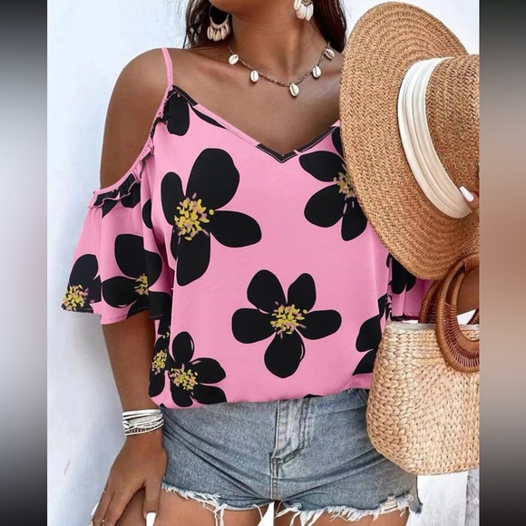 Plus boho hot pink floral print cold shoulder blouse - Picture 15 of 15